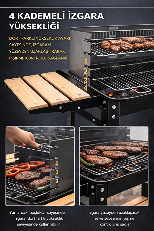 Tekerlekli Mangal Iki Ahşap Sehpalı Raflı 4 Adet Kancalı Kömürlü Mangal 94x85cm